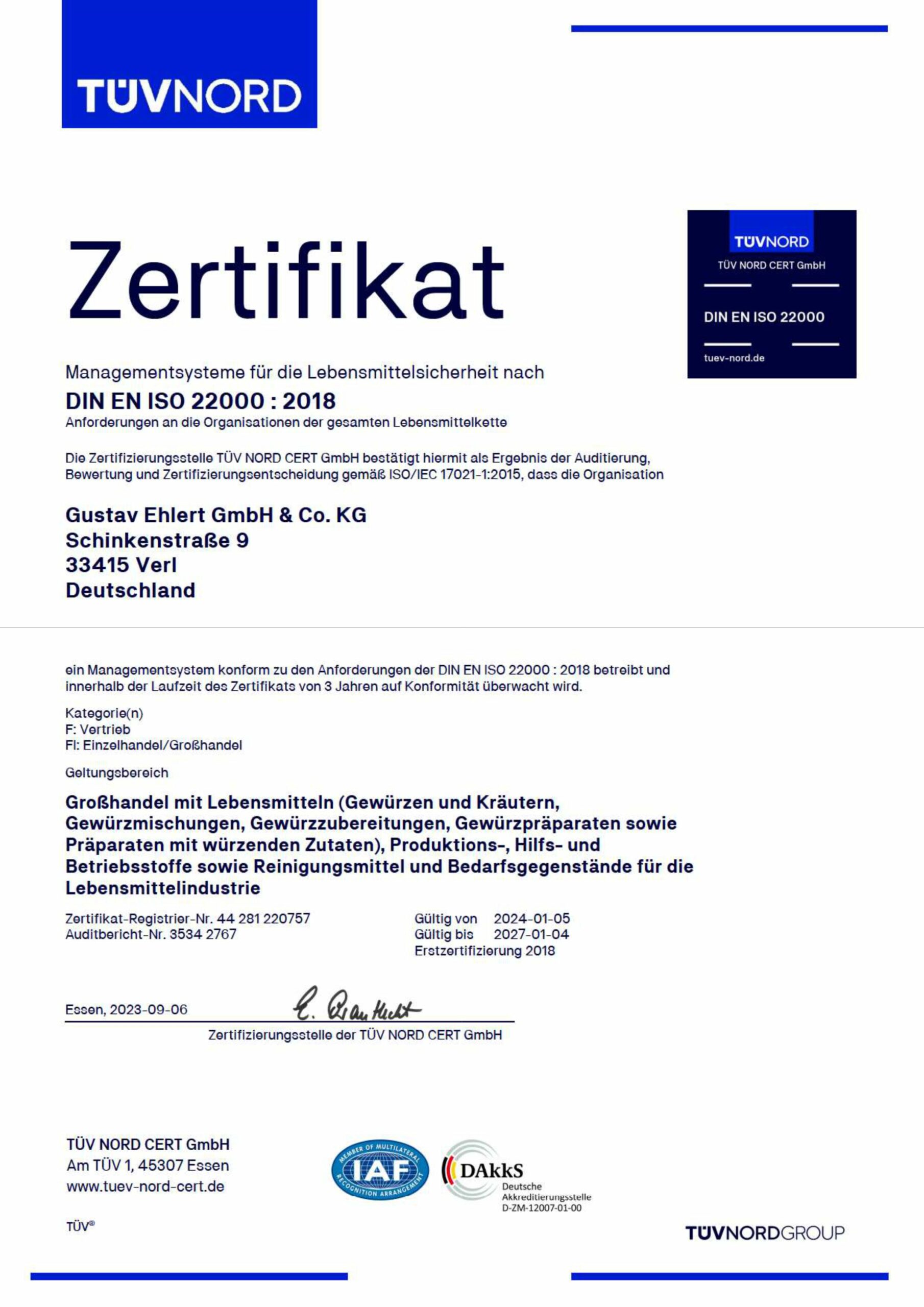 Gustav Ehlert Iso 22000 De Gültig Bis 04.01.2027
