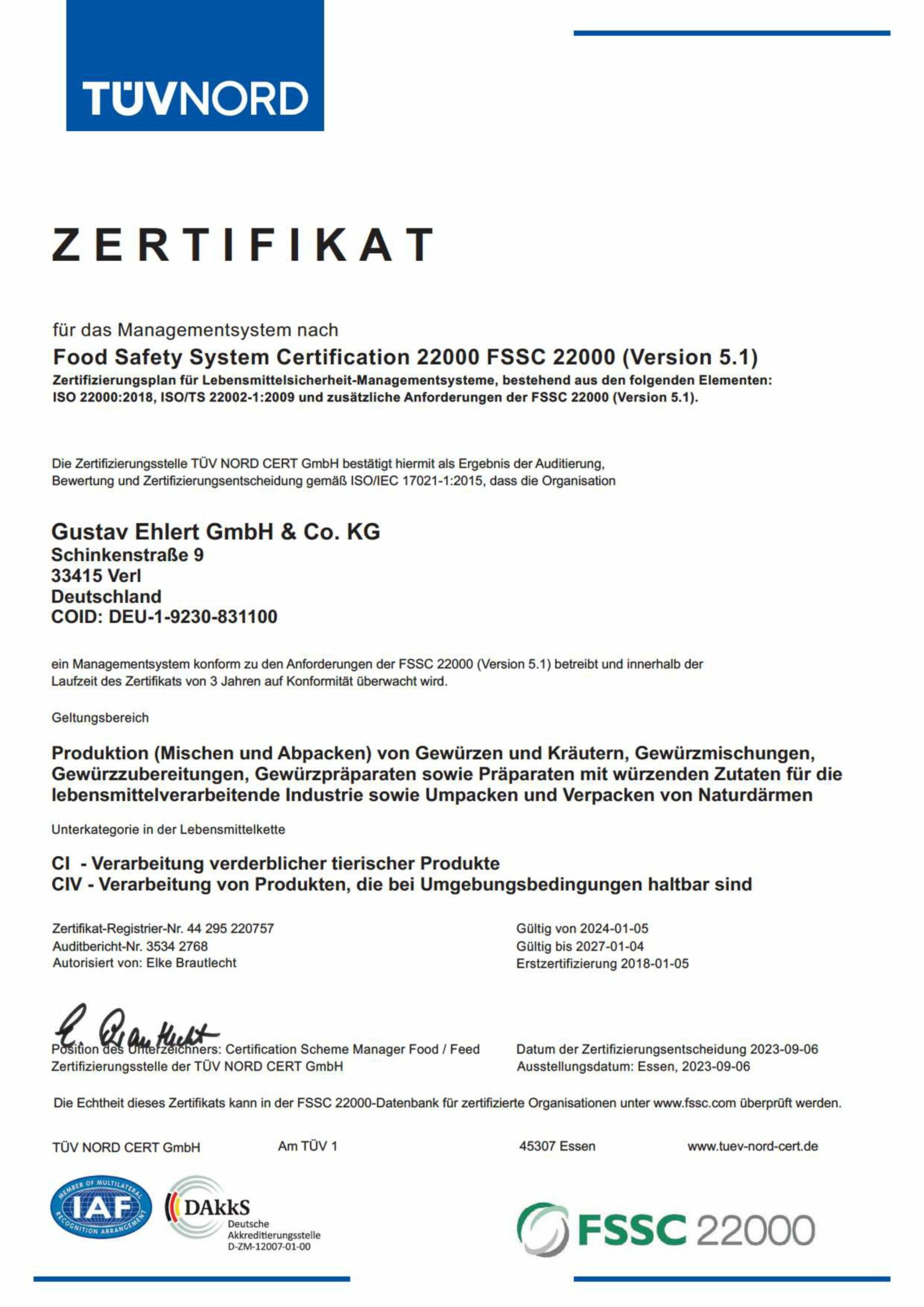 Ehlert FSSC Zertifikat
