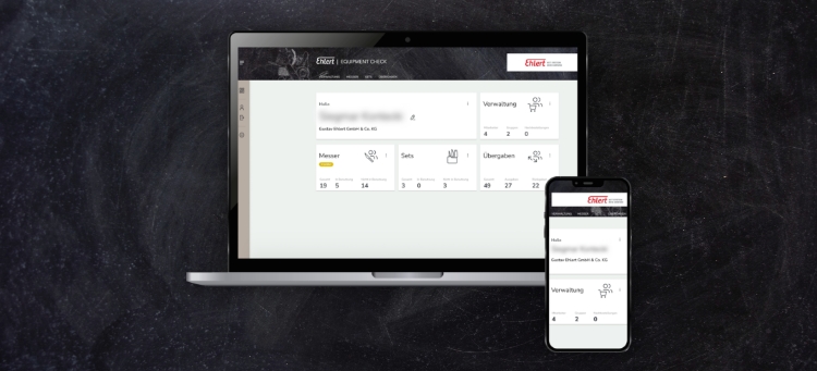 Die Messer-Management-App Ehlert-Equipment-Check auf einem Laptop und Smartphone